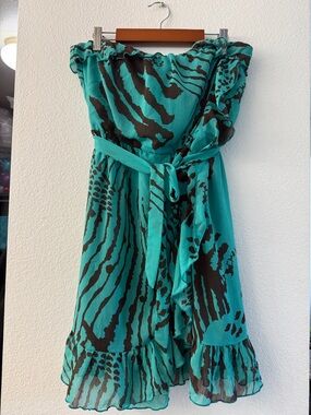 Strapless Teal Animal-Print Belted Dress